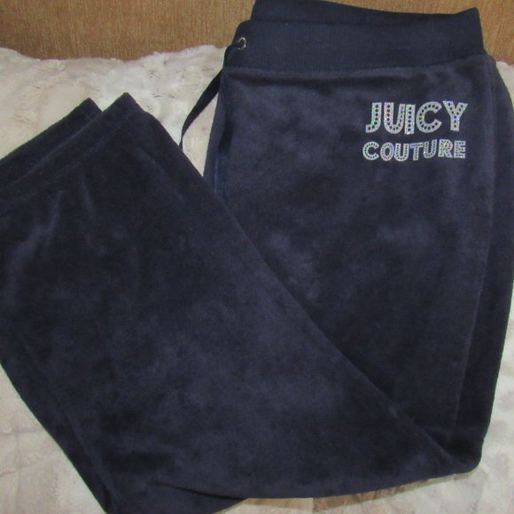 JUICY COUTURE CROP NAVY BLUE TERRY CLOTH SWEAT PANTS-LOGO ON FRONT-TIE WAIST-LG - Picture 1 of 10